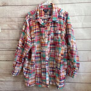 LANDS END PATCHWORK MADRAS BUTTON FRONT SHIRT